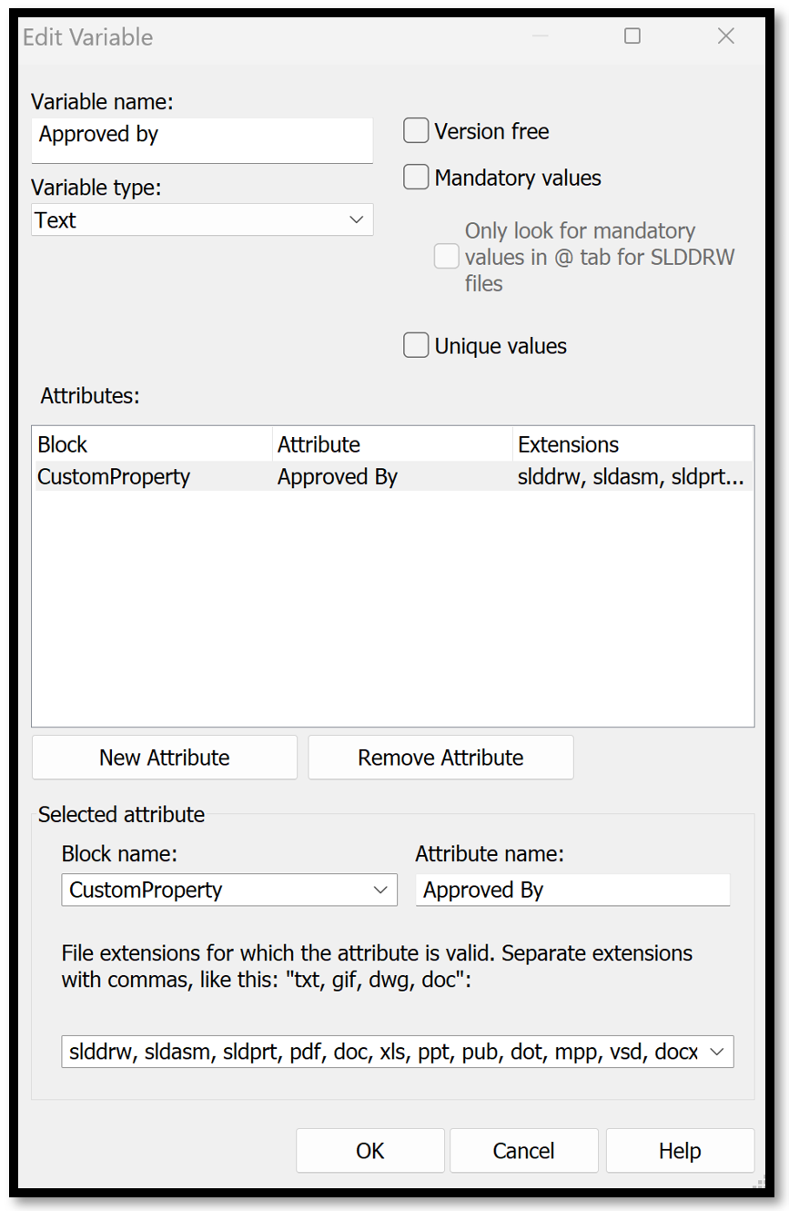 SOLIDWORKS PDM Data Card mapping custom properties and variables
