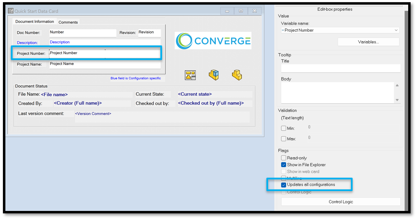 SOLIDWORKS PDM Data Card apply to all configurations