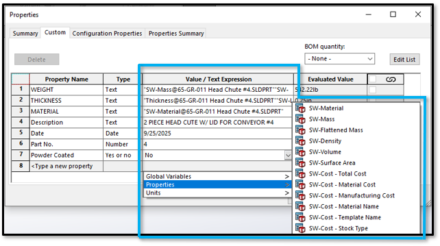 Custom Property Automation Solidworks value text expression