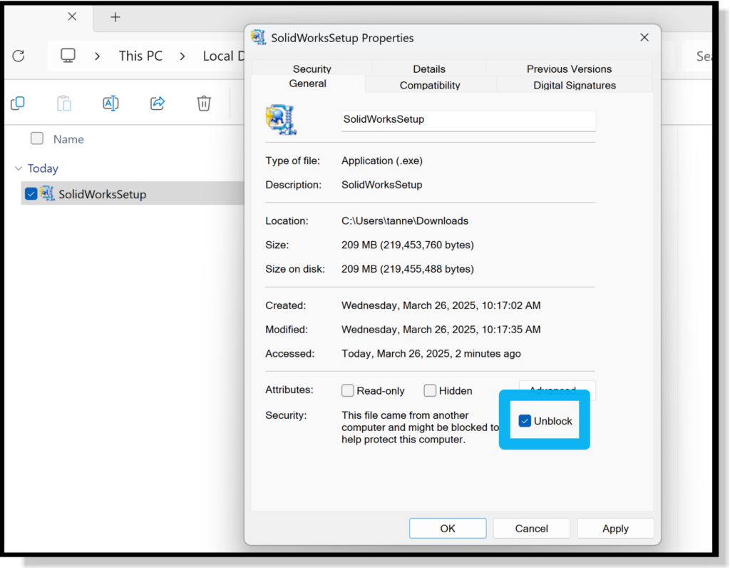 unblock option for blank solidworks installation manager