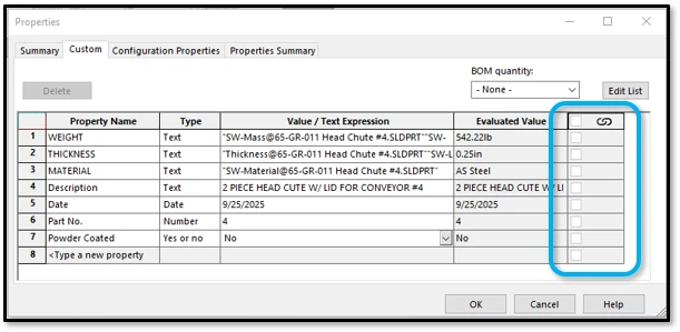 Custom Property Automation Solidworks links