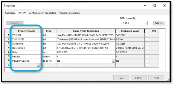Custom Property Automation Solidworks property name