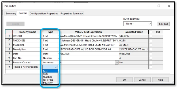 Custom Property Automation Solidworks property type