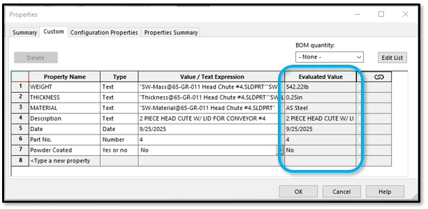 Custom Property Automation Solidworks estimated value