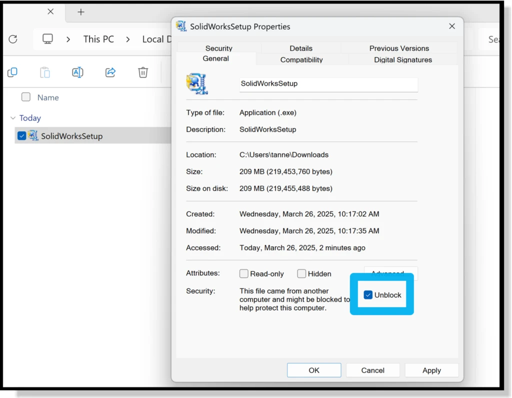 unblock option for blank solidworks installation manager