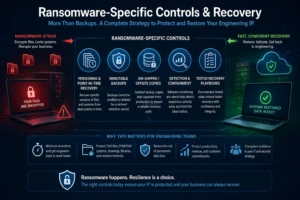 Cybersecurity infographic showing ransomware-specific controls such as immutable backups, air-gapped recovery, detection, containment, and tested recovery playbooks for engineering data.