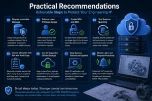 Practical cybersecurity recommendations infographic for engineering firms, including immutable backups, MFA, restore testing, audit logs, patching, and proactive monitoring.