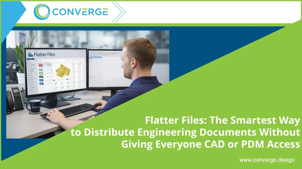 Engineer using Flatter Files to access CAD documents and released drawings from his computer, Flatter Files workflow connected to SOLIDWORKS PDM for automatic PDF, STEP, IGES, and DXF/DWG distribution