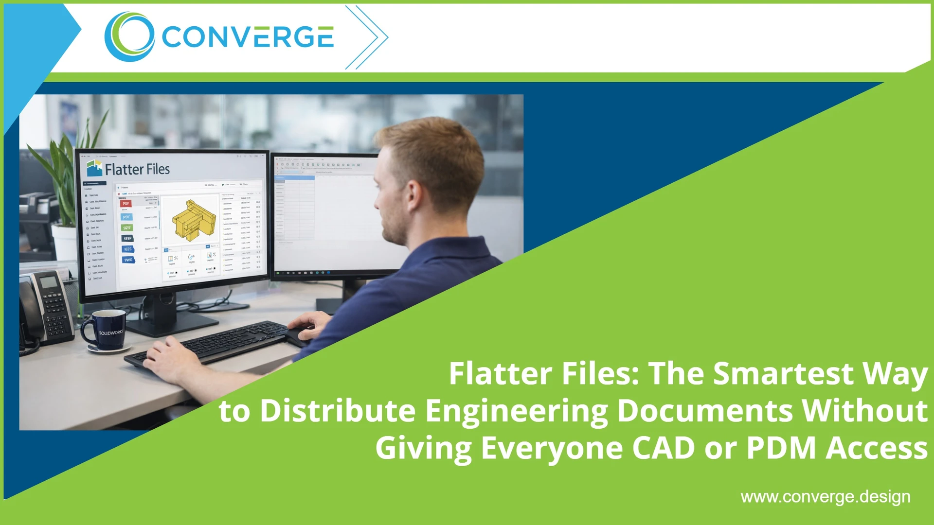Engineer using Flatter Files to access CAD documents and released drawings from his computer, Flatter Files workflow connected to SOLIDWORKS PDM for automatic PDF, STEP, IGES, and DXF/DWG distribution