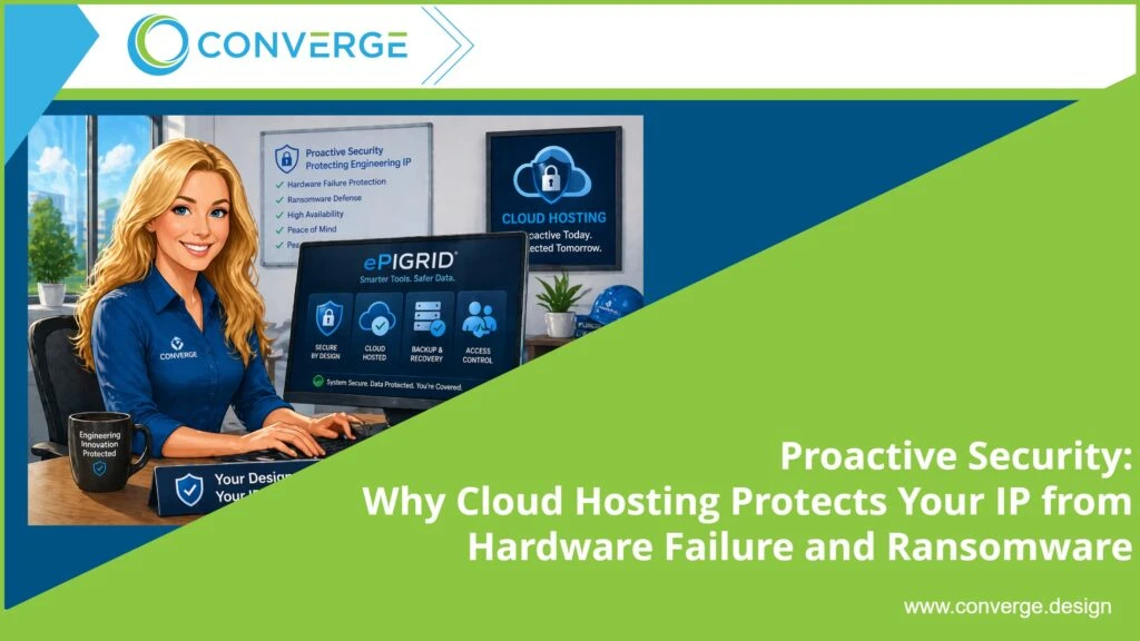 Cartoon-style illustration of a smiling blonde woman using a computer with EpiGrid security tools to protect engineering IP, CAD files, and cloud-hosted product data.